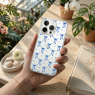 Baby Blue Bow & Heart Clear Phone Case with Pearl Strap